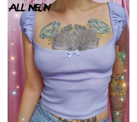 ALLNeon Sweet Y2K Ribbed Square Neck Crop T-shirts Summer E girl Solid Backless Puff Sleeve Purple Tops Fashion Lady Streetwear