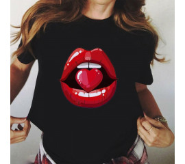 Women Red Mouth Lip Kiss Printed Girl Black Tshirt Summer Funny Leopard Graphic Tee Shirt Femme Vogue Harajuku T Shirt,Drop Ship